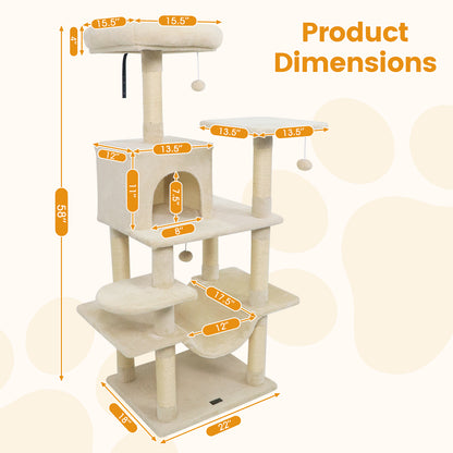 58" Multi-Level Cat Tree Soft Plush Cat Tower with Padded Top Perch, Beige Cat Trees Condos & Scratchers at Gallery Canada