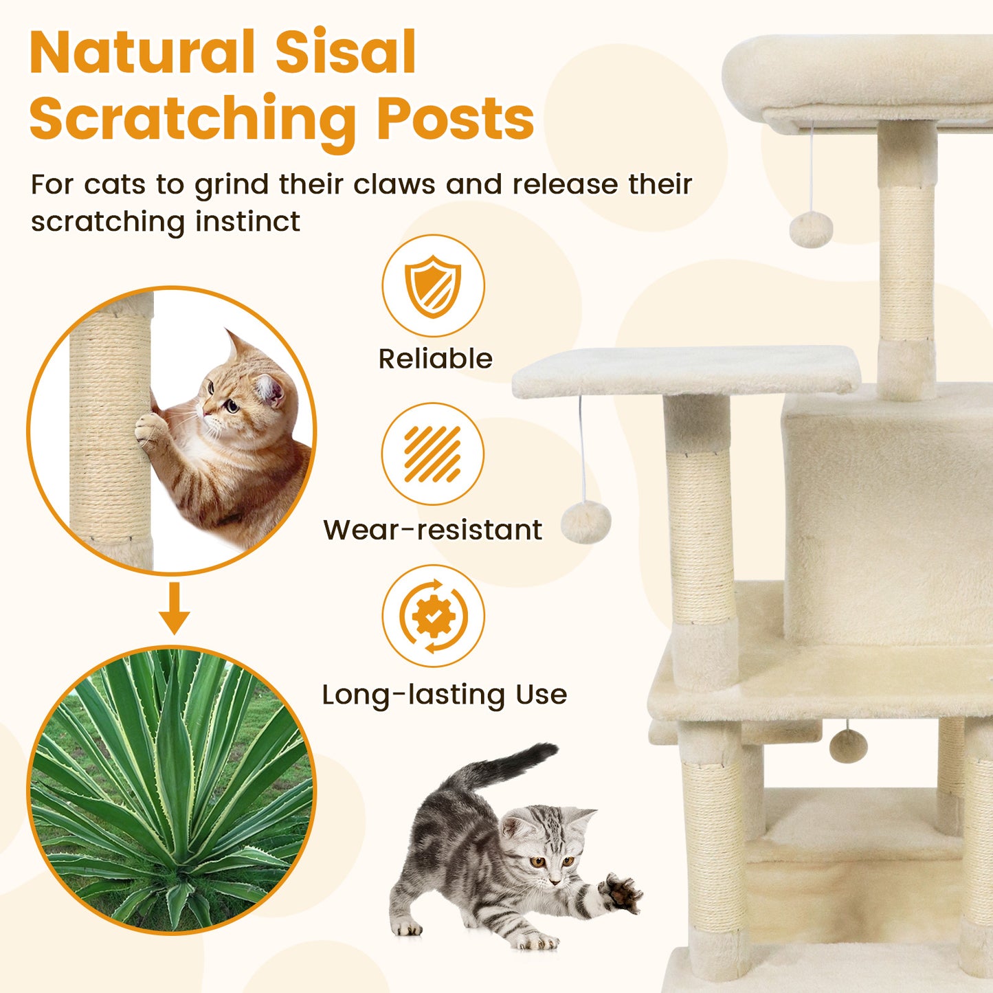 58" Multi-Level Cat Tree Soft Plush Cat Tower with Padded Top Perch, Beige Cat Trees Condos & Scratchers at Gallery Canada