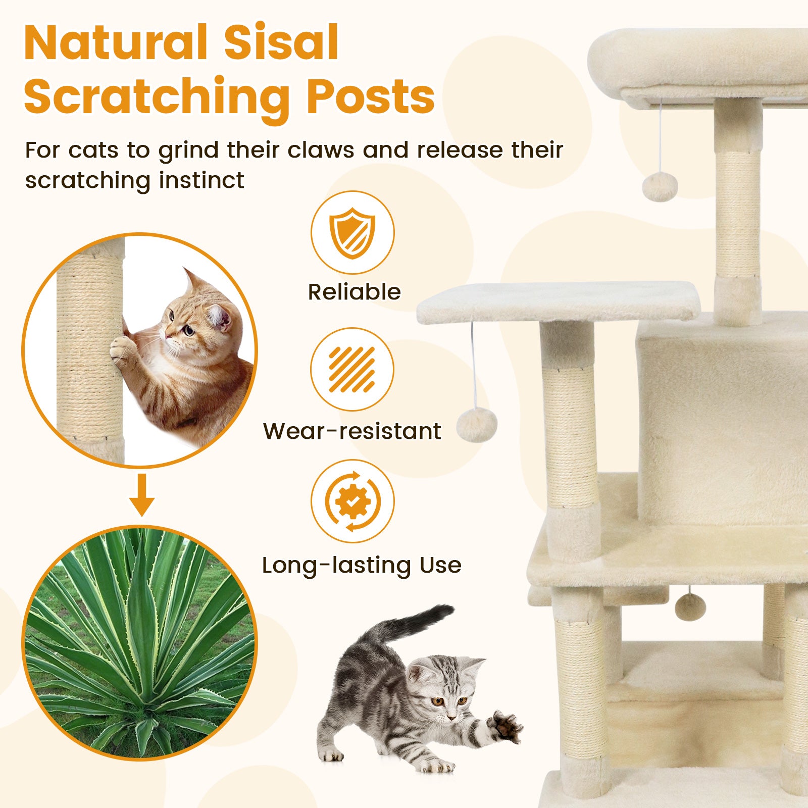 58" Multi-Level Cat Tree Soft Plush Cat Tower with Padded Top Perch, Beige Cat Trees Condos & Scratchers at Gallery Canada
