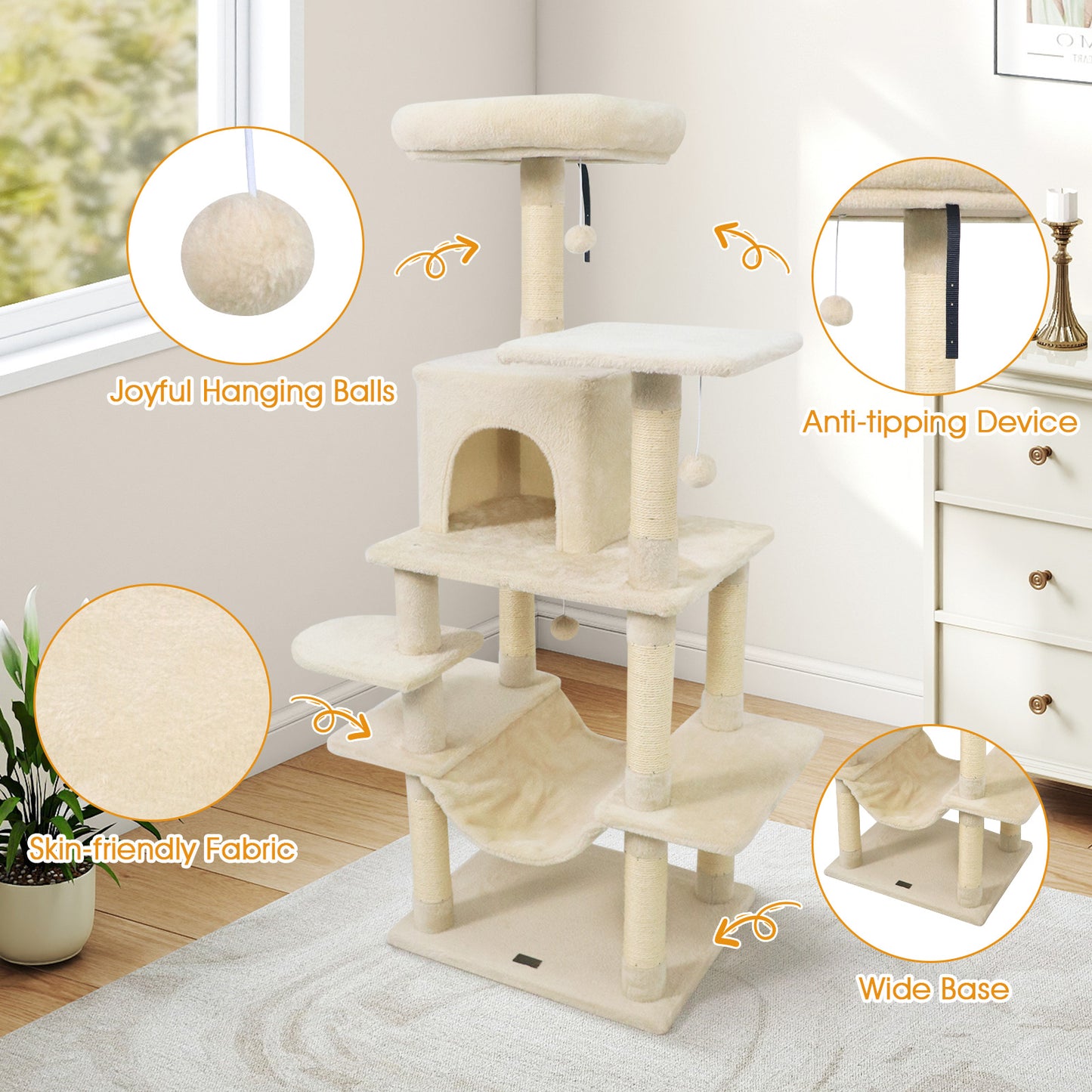 58" Multi-Level Cat Tree Soft Plush Cat Tower with Padded Top Perch, Beige Cat Trees Condos & Scratchers at Gallery Canada