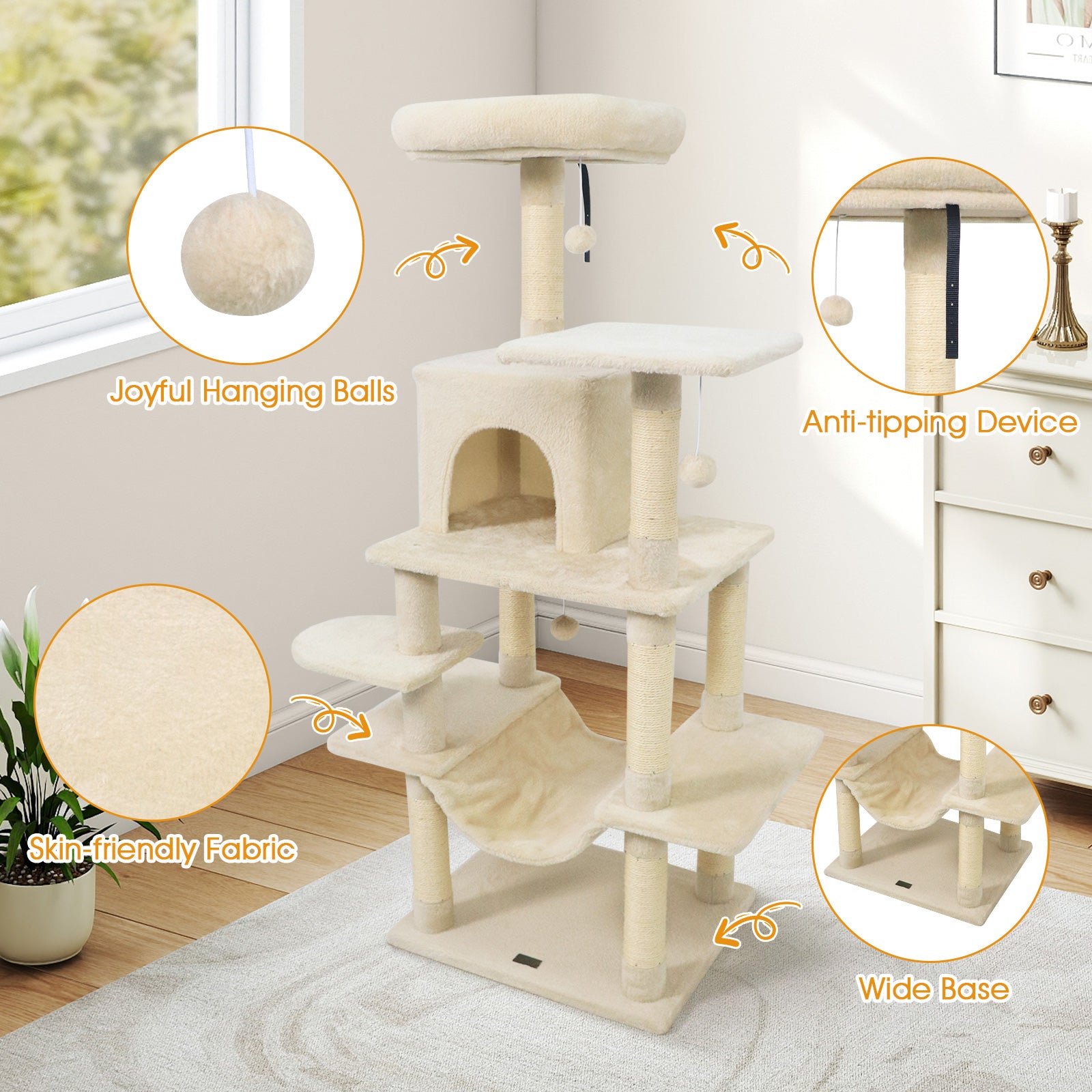 58" Multi-Level Cat Tree Soft Plush Cat Tower with Padded Top Perch, Beige Cat Trees Condos & Scratchers at Gallery Canada