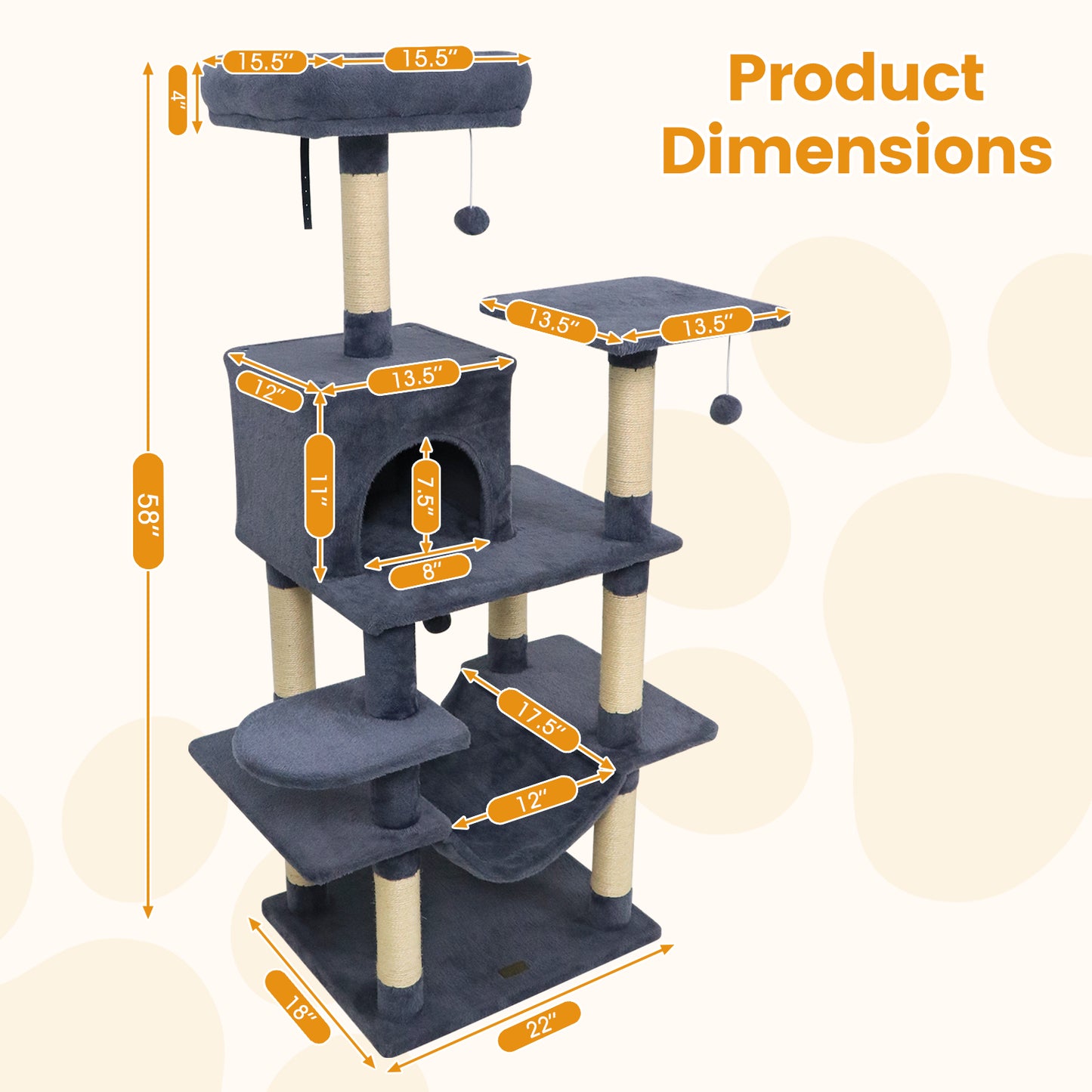 58" Multi-Level Cat Tree Soft Plush Cat Tower with Padded Top Perch-Grey, Gray Cat Trees Condos & Scratchers at Gallery Canada
