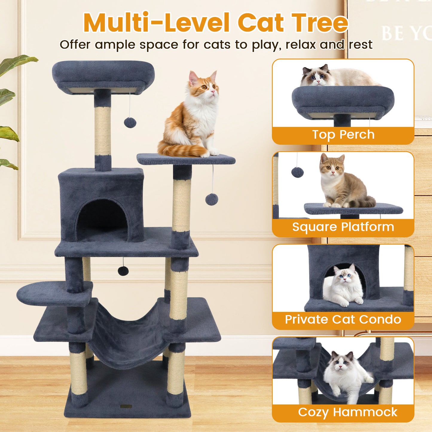 58" Multi-Level Cat Tree Soft Plush Cat Tower with Padded Top Perch-Grey, Gray Cat Trees Condos & Scratchers at Gallery Canada