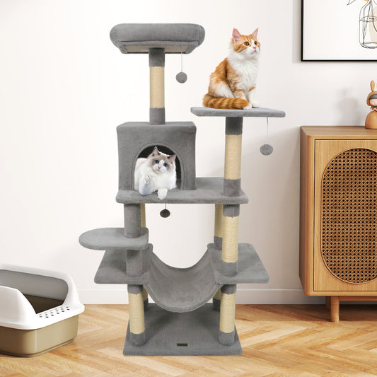 58" Multi-Level Cat Tree Soft Plush Cat Tower with Padded Top Perch, Light Gray Cat Trees Condos & Scratchers Light Gray at Gallery Canada
