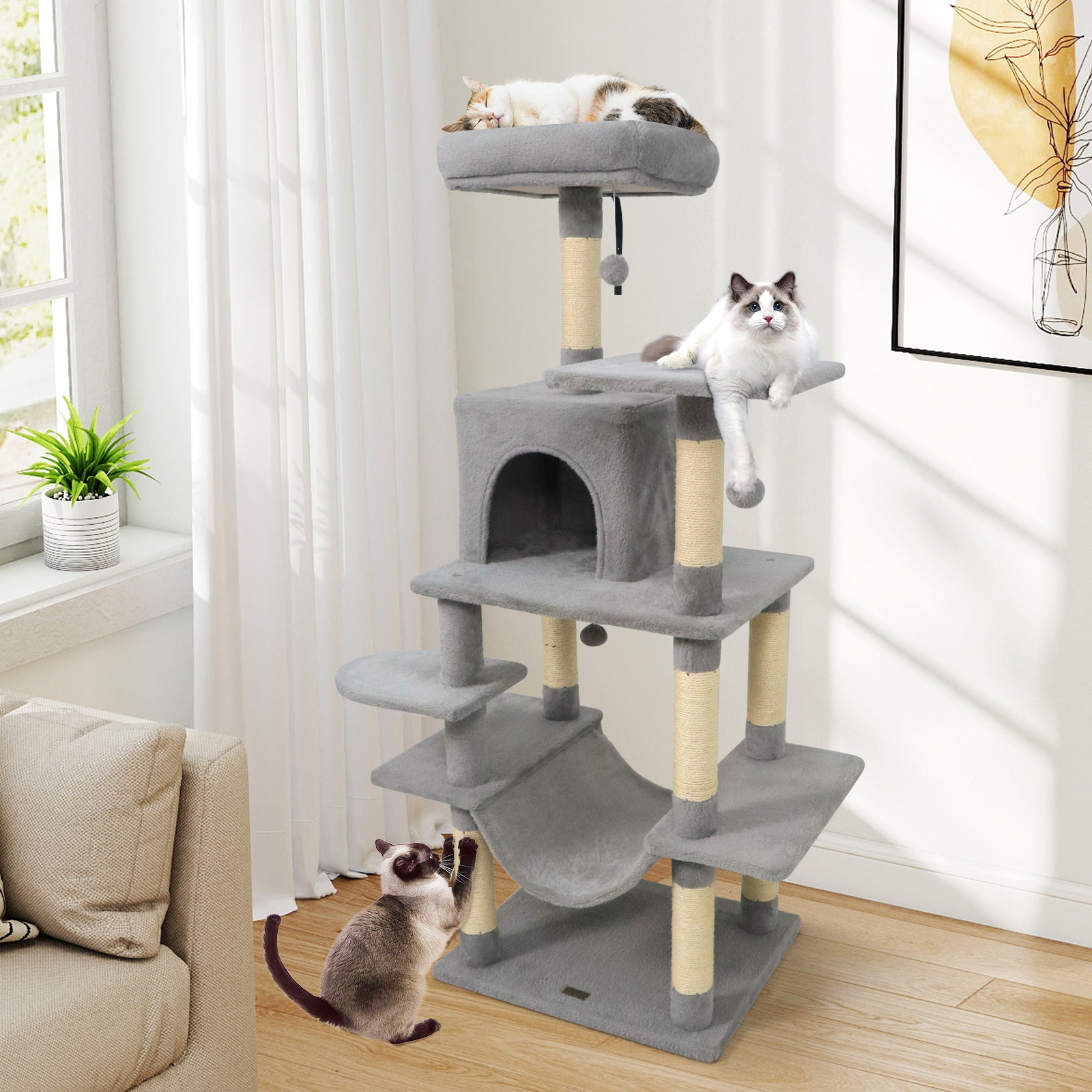 58" Multi-Level Cat Tree Soft Plush Cat Tower with Padded Top Perch, Light Gray Cat Trees Condos & Scratchers at Gallery Canada