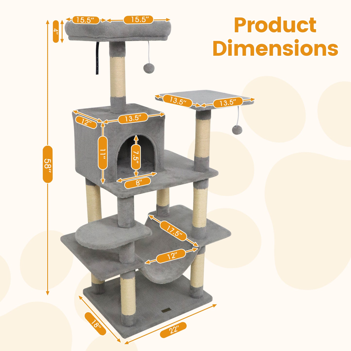 58" Multi-Level Cat Tree Soft Plush Cat Tower with Padded Top Perch, Light Gray Cat Trees Condos & Scratchers at Gallery Canada