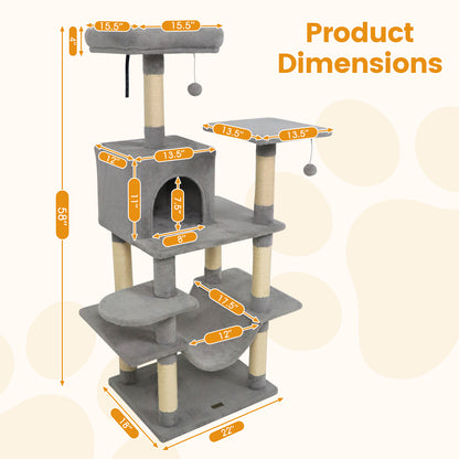 58" Multi-Level Cat Tree Soft Plush Cat Tower with Padded Top Perch, Light Gray Cat Trees Condos & Scratchers at Gallery Canada