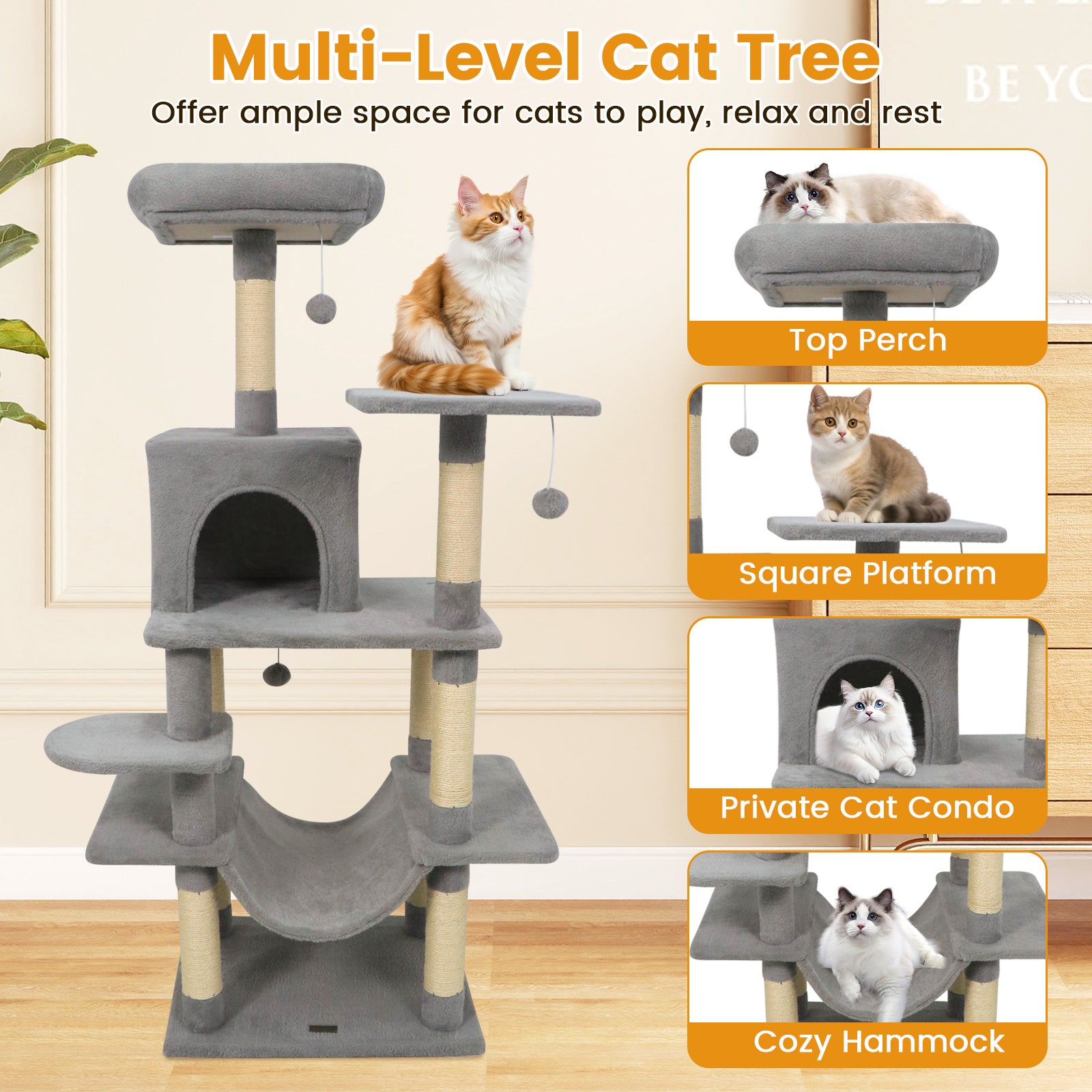 58" Multi-Level Cat Tree Soft Plush Cat Tower with Padded Top Perch, Light Gray Cat Trees Condos & Scratchers at Gallery Canada