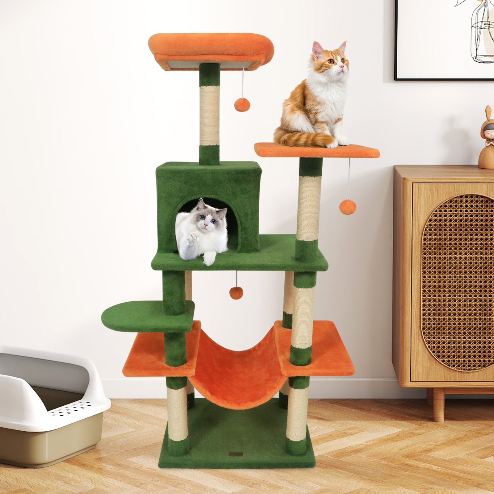 58" Multi-Level Cat Tree Soft Plush Cat Tower with Padded Top Perch, Green Cat Trees Condos & Scratchers at Gallery Canada