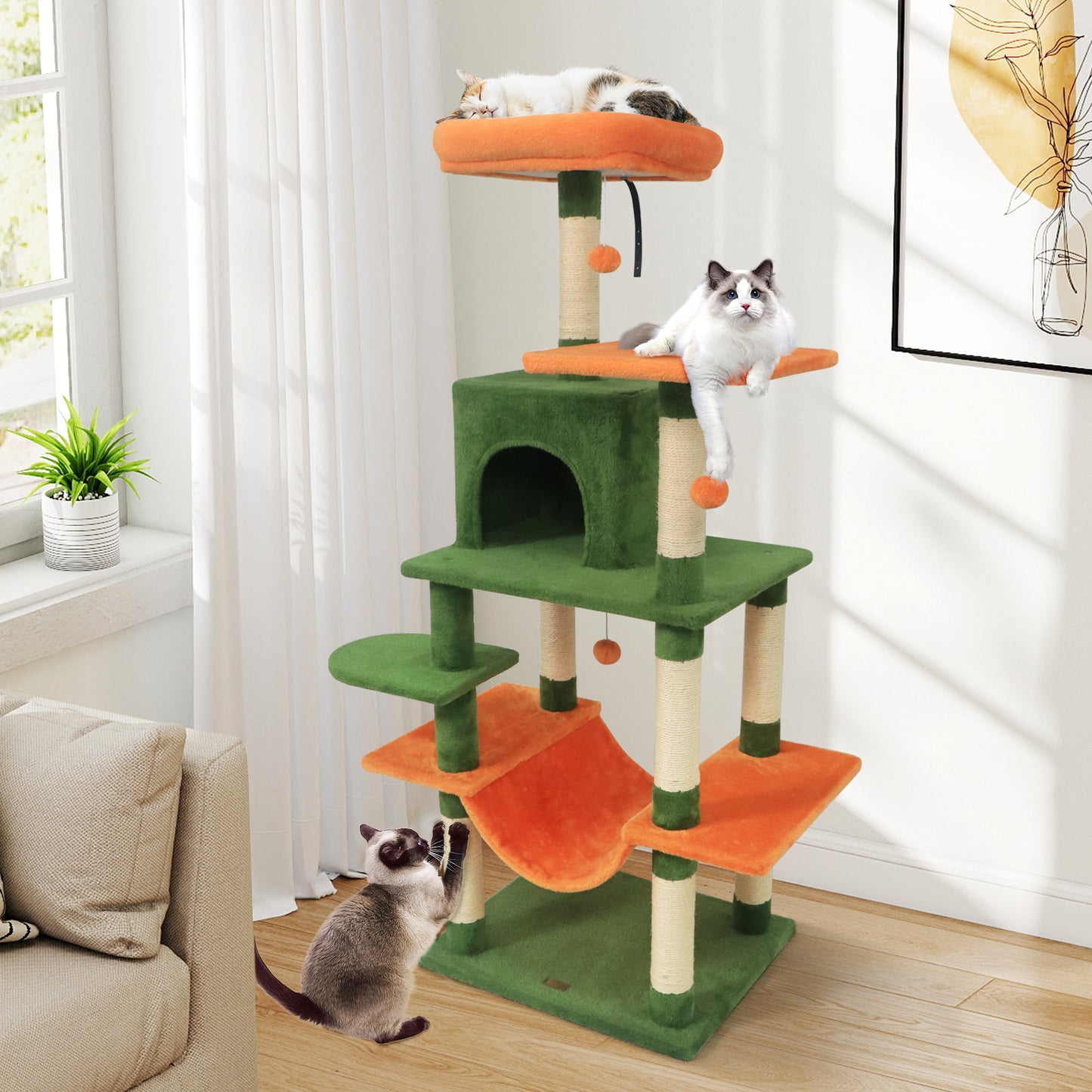 58" Multi-Level Cat Tree Soft Plush Cat Tower with Padded Top Perch, Green Cat Trees Condos & Scratchers at Gallery Canada