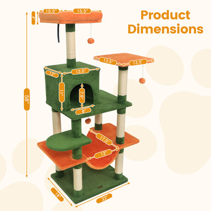 58" Multi-Level Cat Tree Soft Plush Cat Tower with Padded Top Perch, Green Cat Trees Condos & Scratchers at Gallery Canada