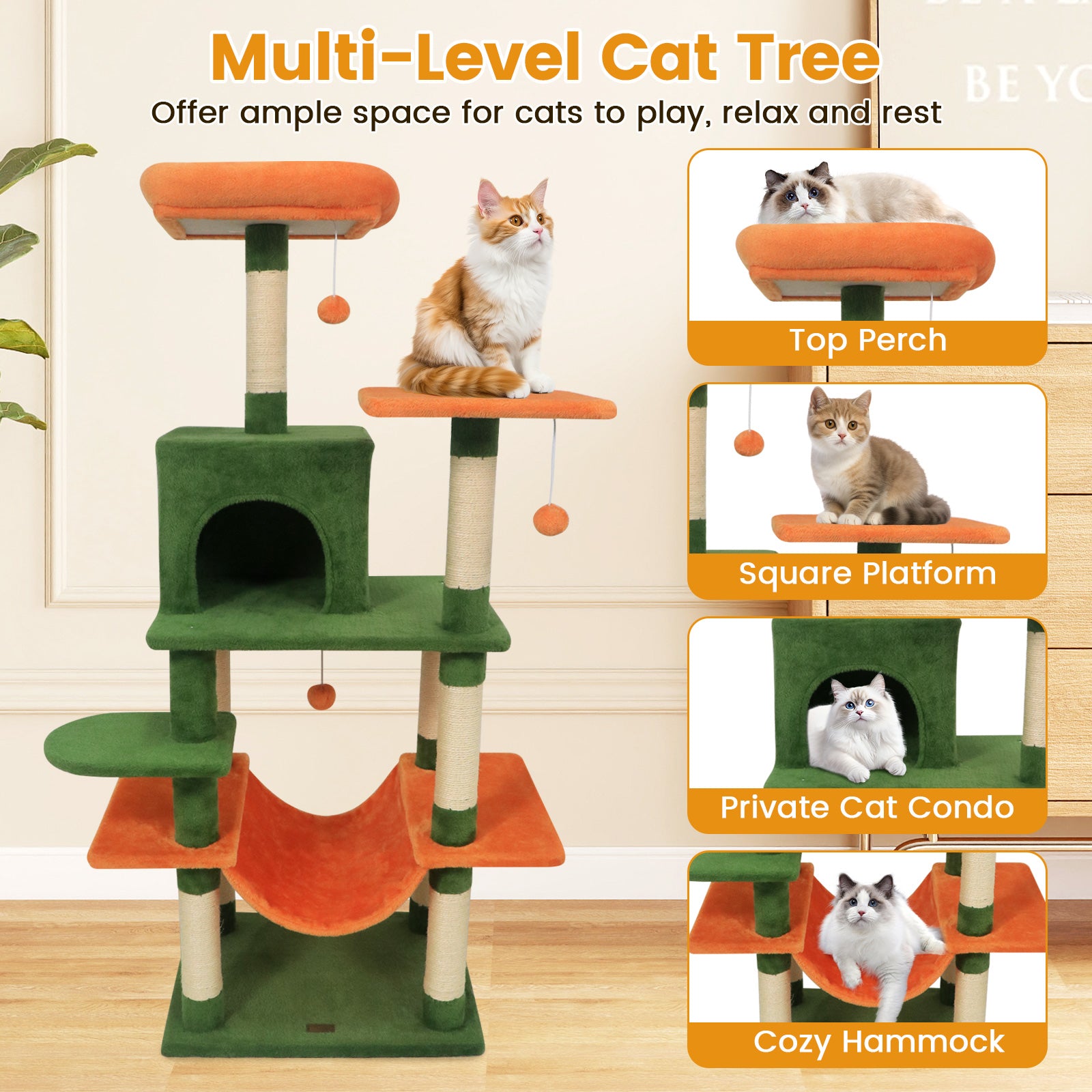 58" Multi-Level Cat Tree Soft Plush Cat Tower with Padded Top Perch, Green Cat Trees Condos & Scratchers at Gallery Canada
