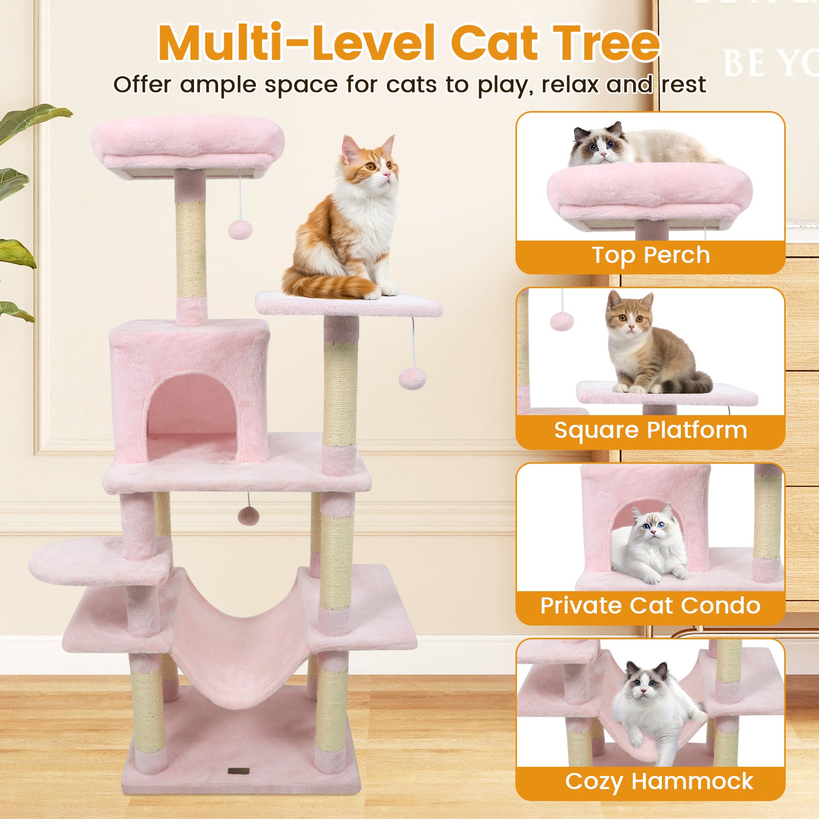 58" Multi-Level Cat Tree Soft Plush Cat Tower with Padded Top Perch, Pink Cat Trees Condos & Scratchers at Gallery Canada