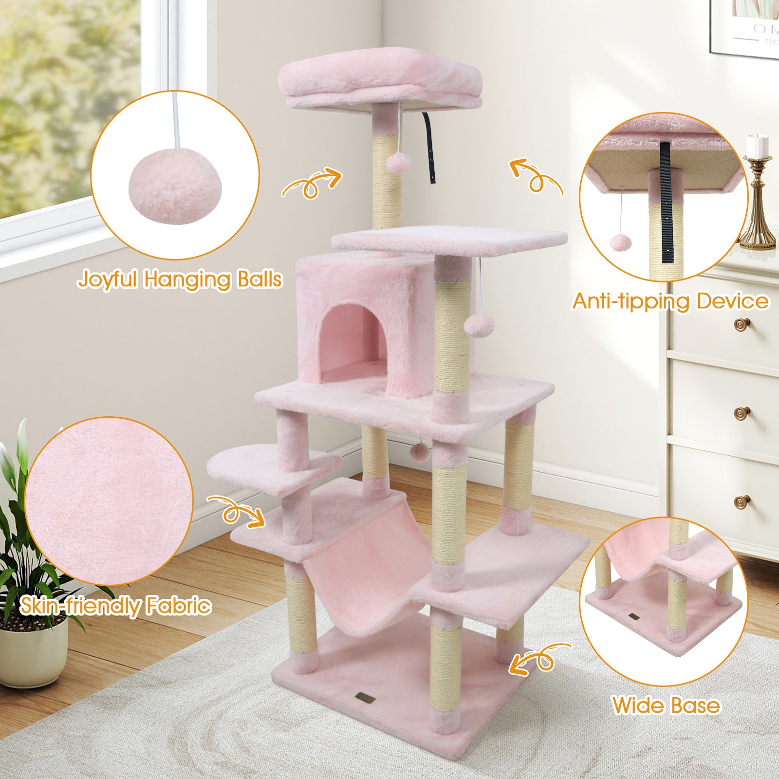 58" Multi-Level Cat Tree Soft Plush Cat Tower with Padded Top Perch, Pink Cat Trees Condos & Scratchers at Gallery Canada