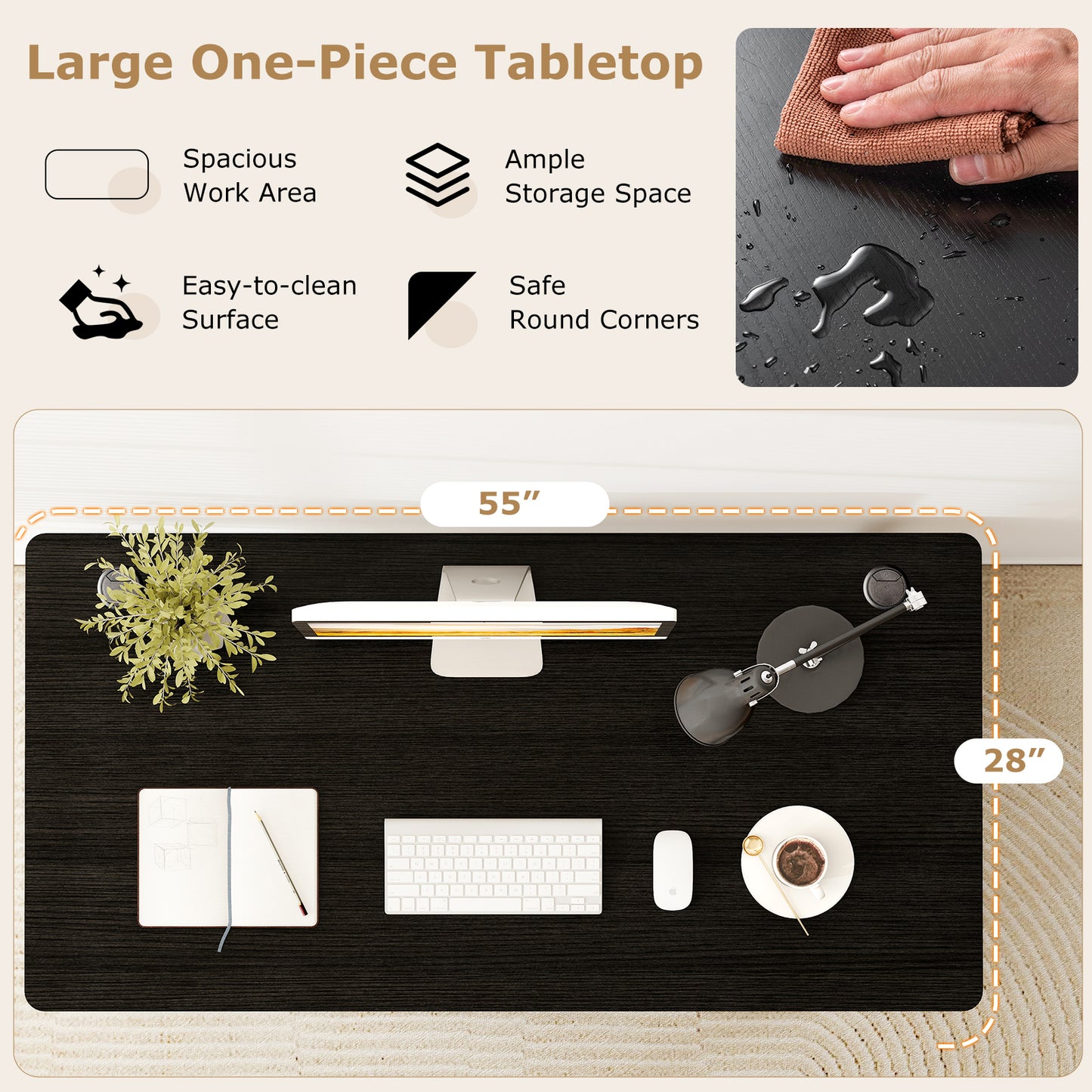 Universal Tabletop, 58" x 28", For Standard And Standing Desk Frame, Black