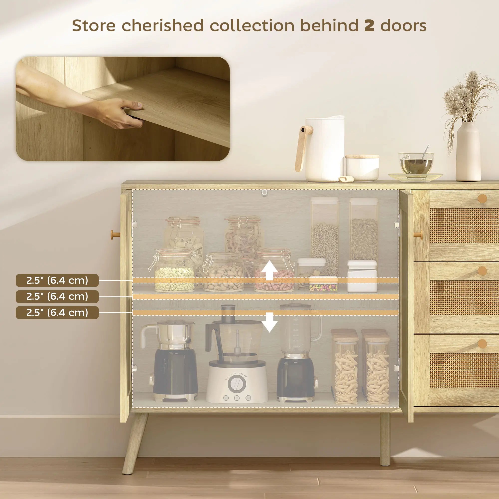 47 Inch Buffet Cabinet, Rattan Sideboard with Drawers, Natural Bar Cabinets at Gallery Canada