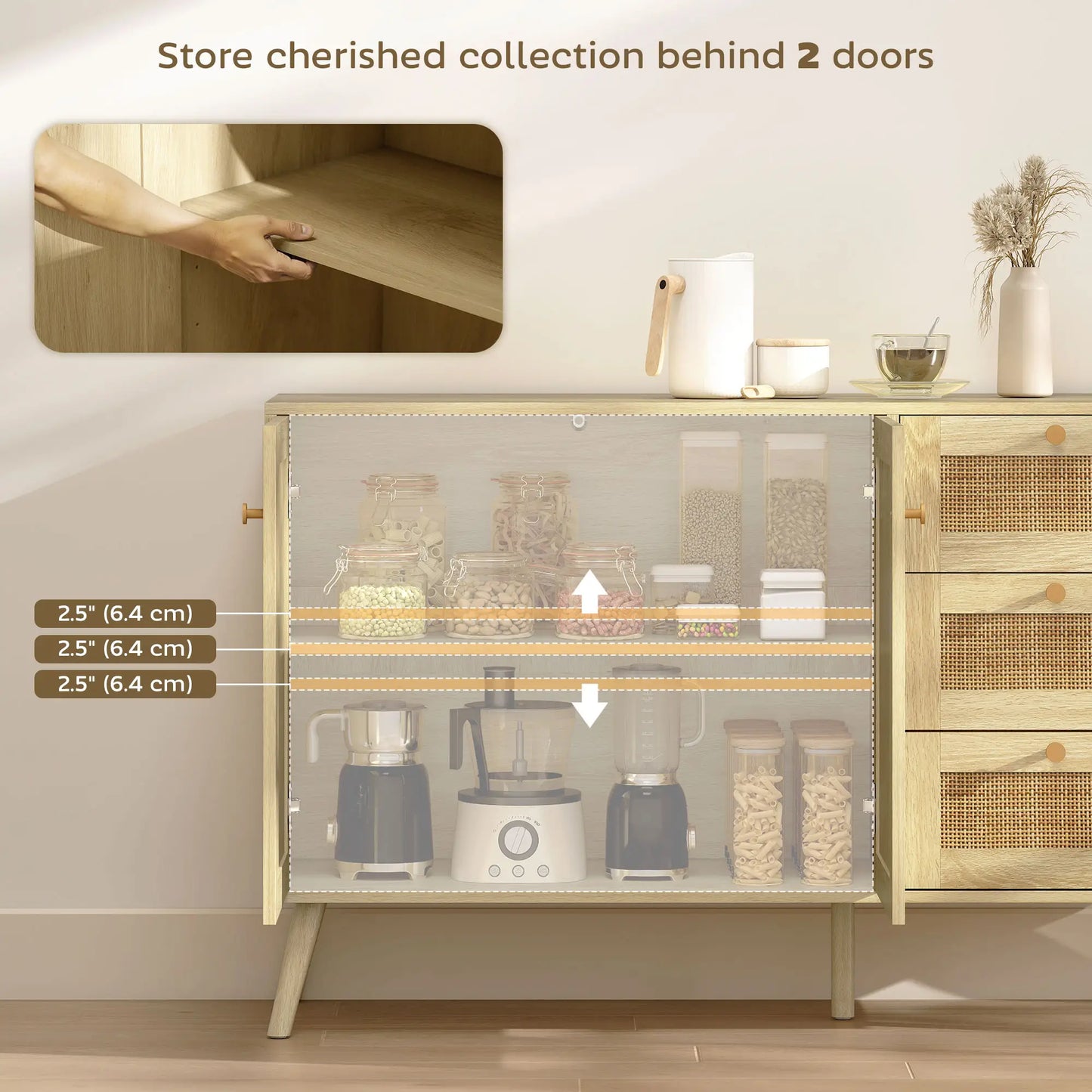 47 Inch Buffet Cabinet, Rattan Sideboard with Drawers, Natural Bar Cabinets at Gallery Canada