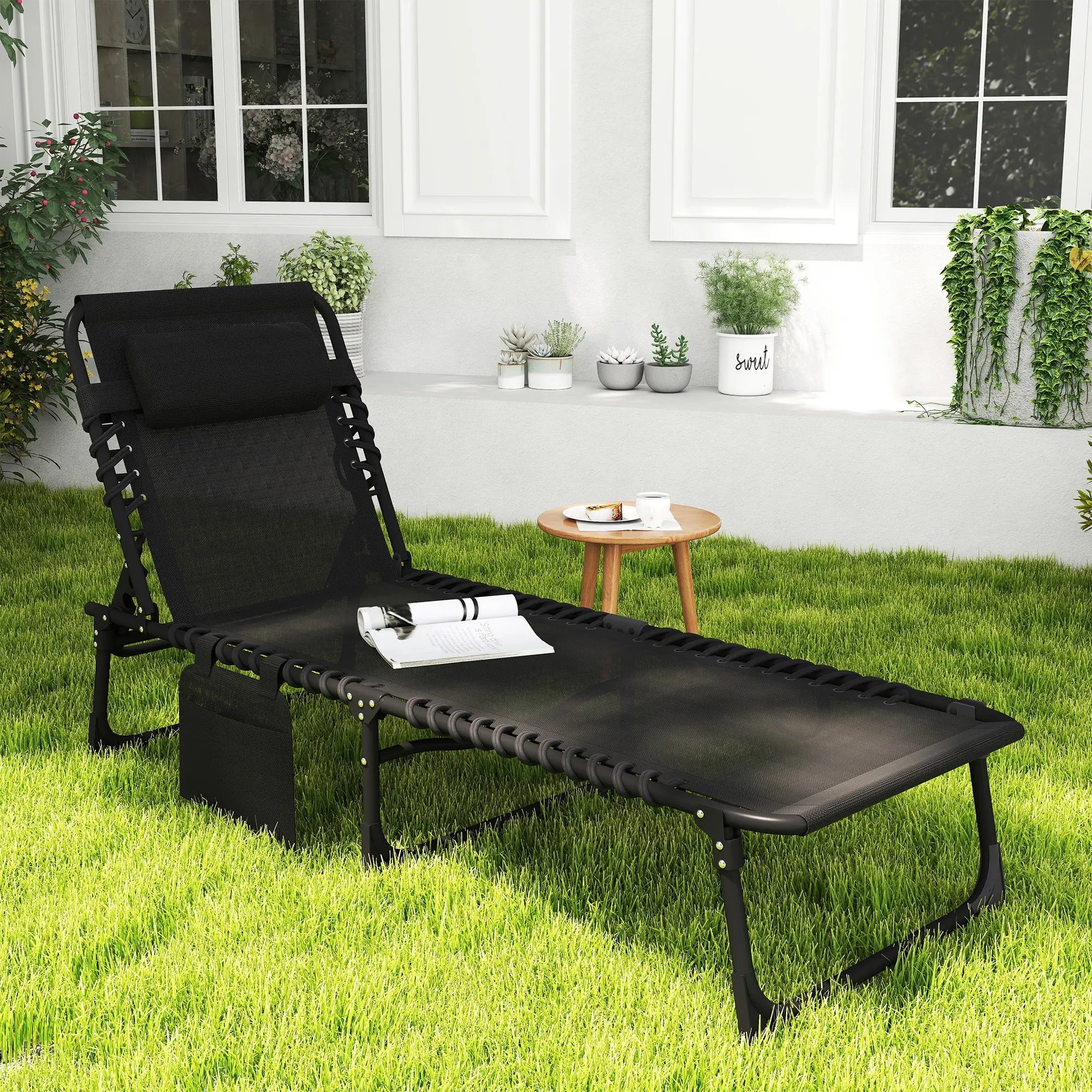 Outdoor Folding Chaise Lounge, Adjustable Backrest, Removable Pillow, Black Lounger Chairs at Gallery Canada