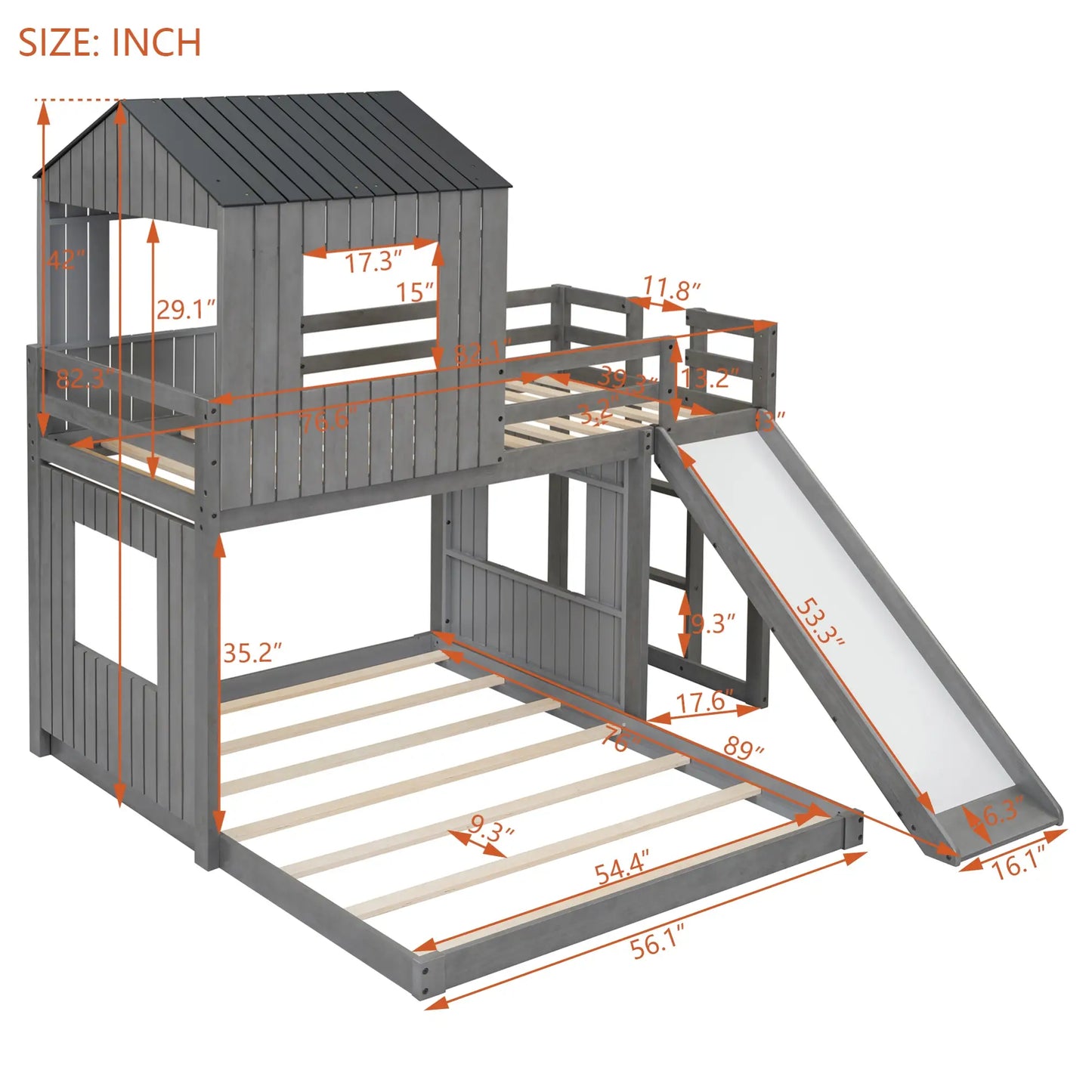 Twin Over Full Bunk Bed, Farmhouse Style, 82" L x 89" W x 82.5" H, Antique Grey Bed Frames at Gallery Canada