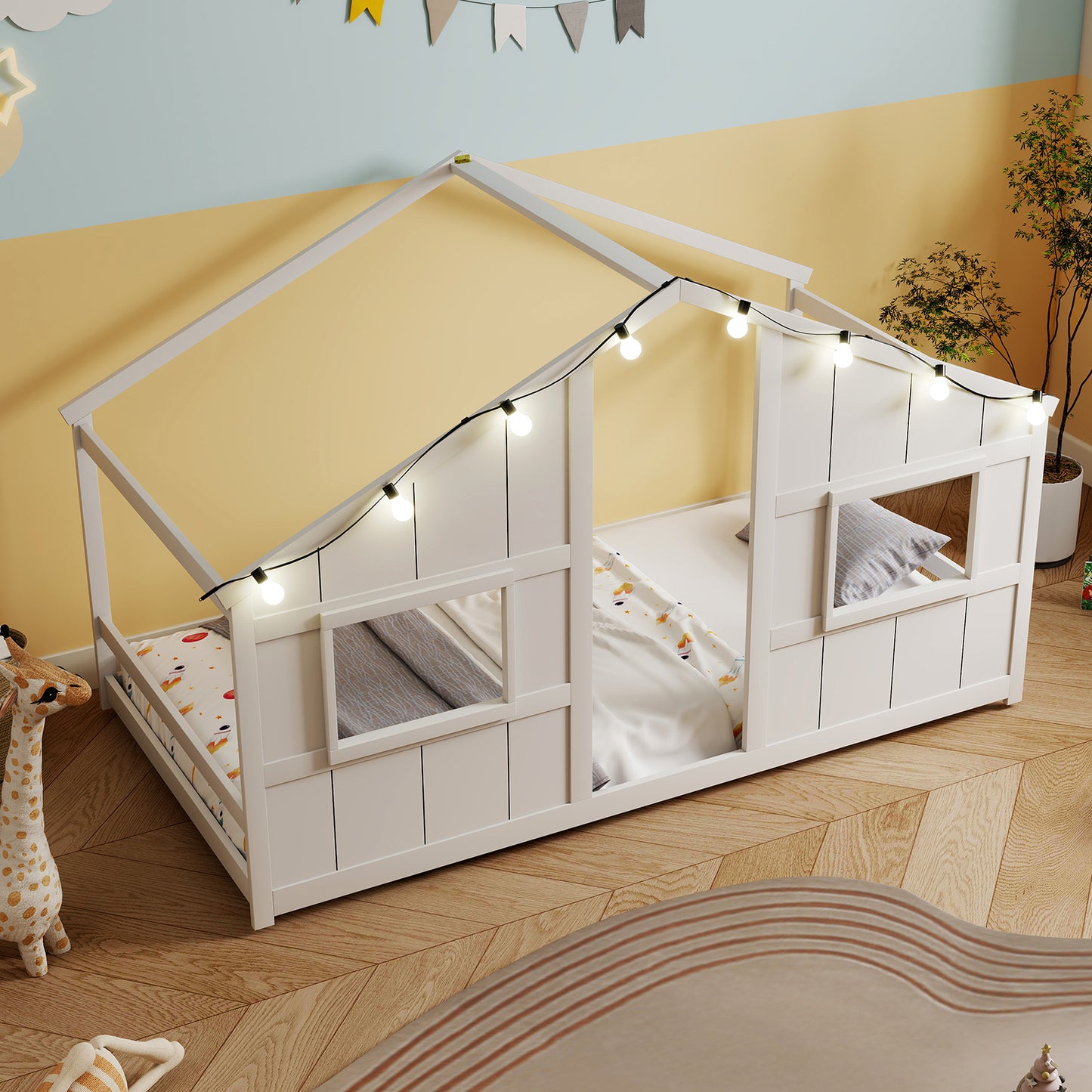Twin Size House Bed with LED Lights Montessori Slat-free Floor Bed, White Toddler Beds at Gallery Canada