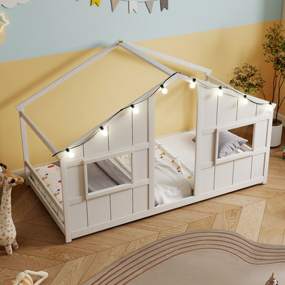 Twin Size House Bed with LED Lights Montessori Slat-free Floor Bed, White Toddler Beds at Gallery Canada