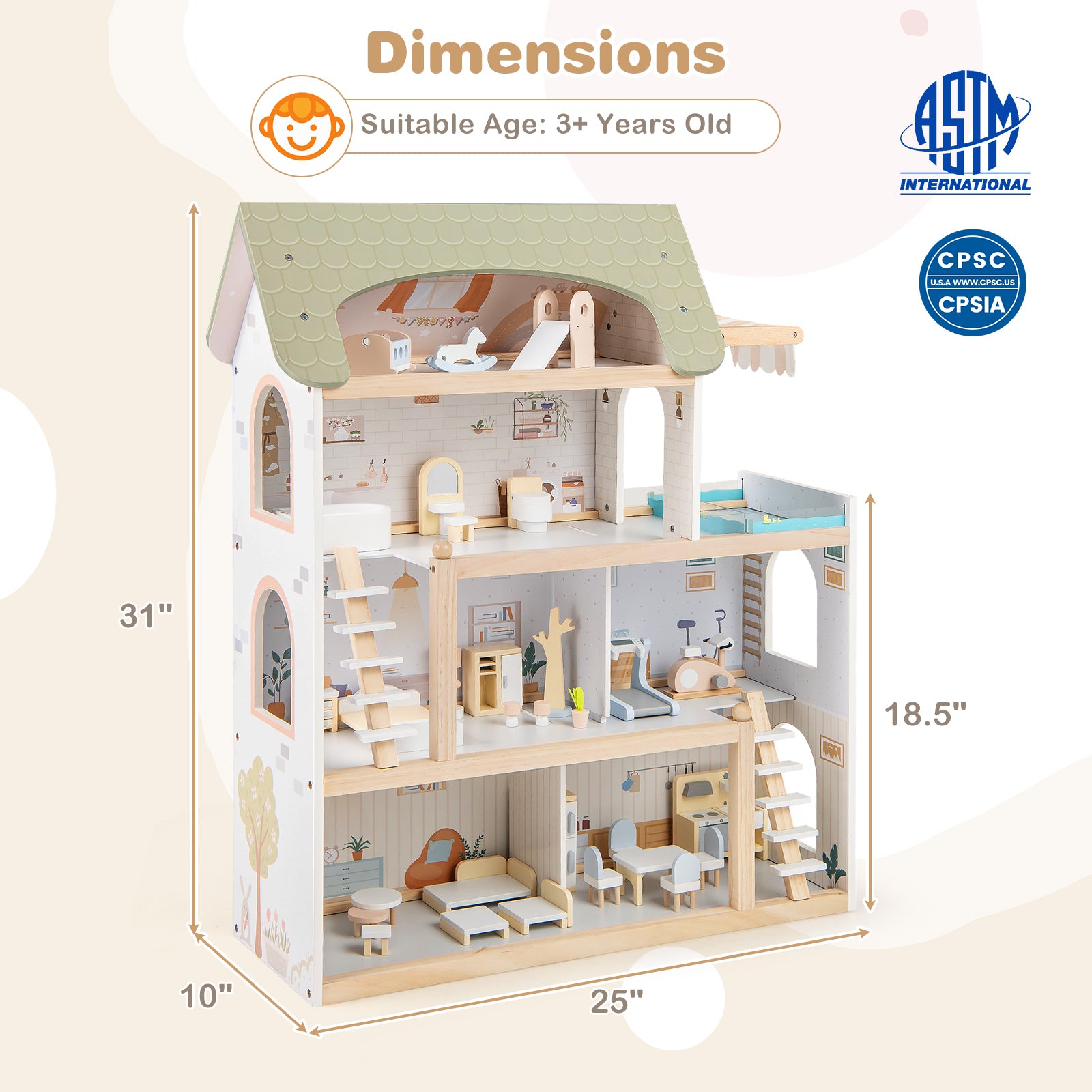 Wooden Dollhouse With 33 PCS Furniture, Green Play Tents & Playhouse at Gallery Canada