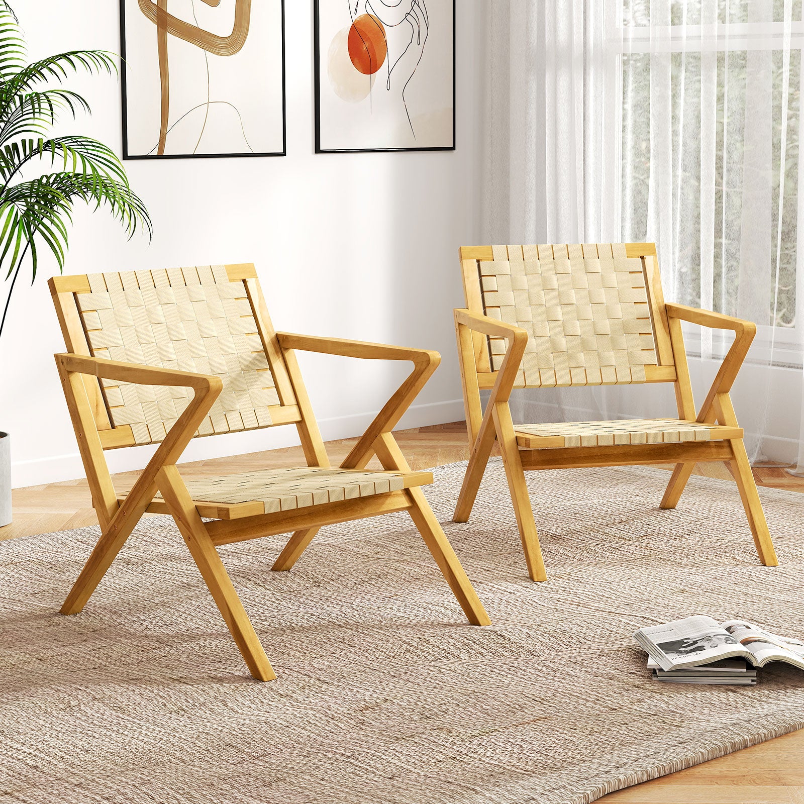Outdoor and Indoor Teak Wood Patio Chair wuth Webbing Seat and Backrest, Natural Patio Dining Chairs at Gallery Canada