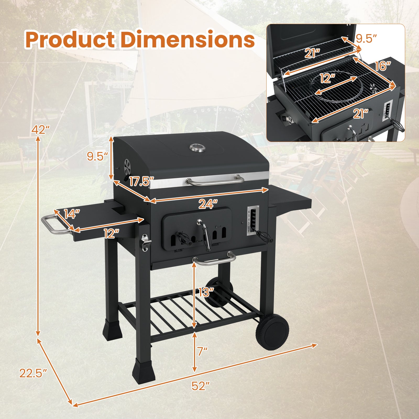 24-Inch Barrel Charcoal Grill with 2 Folding Side Tables and 544 sq.in Cooking Area, Black Outdoor Grills at Gallery Canada