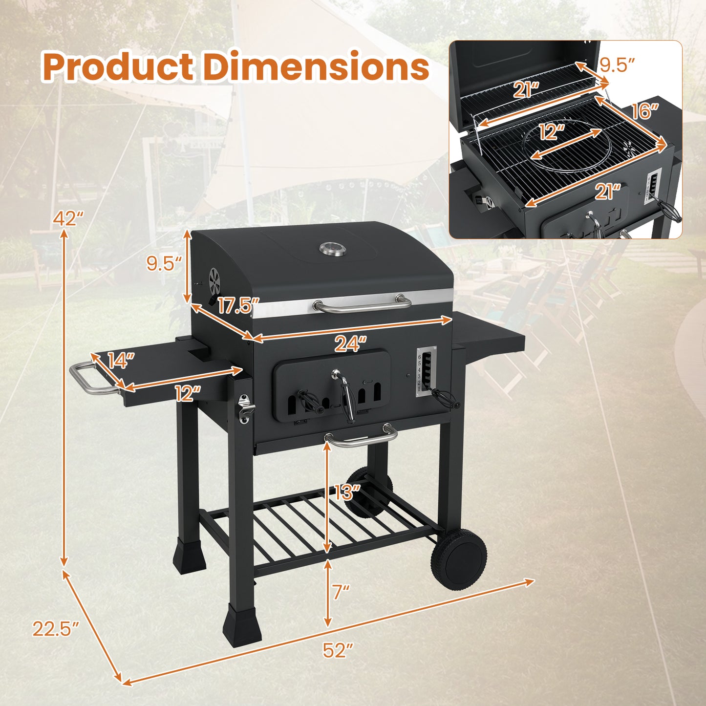 24-Inch Barrel Charcoal Grill with 2 Folding Side Tables and 544 sq.in Cooking Area, Black Outdoor Grills at Gallery Canada