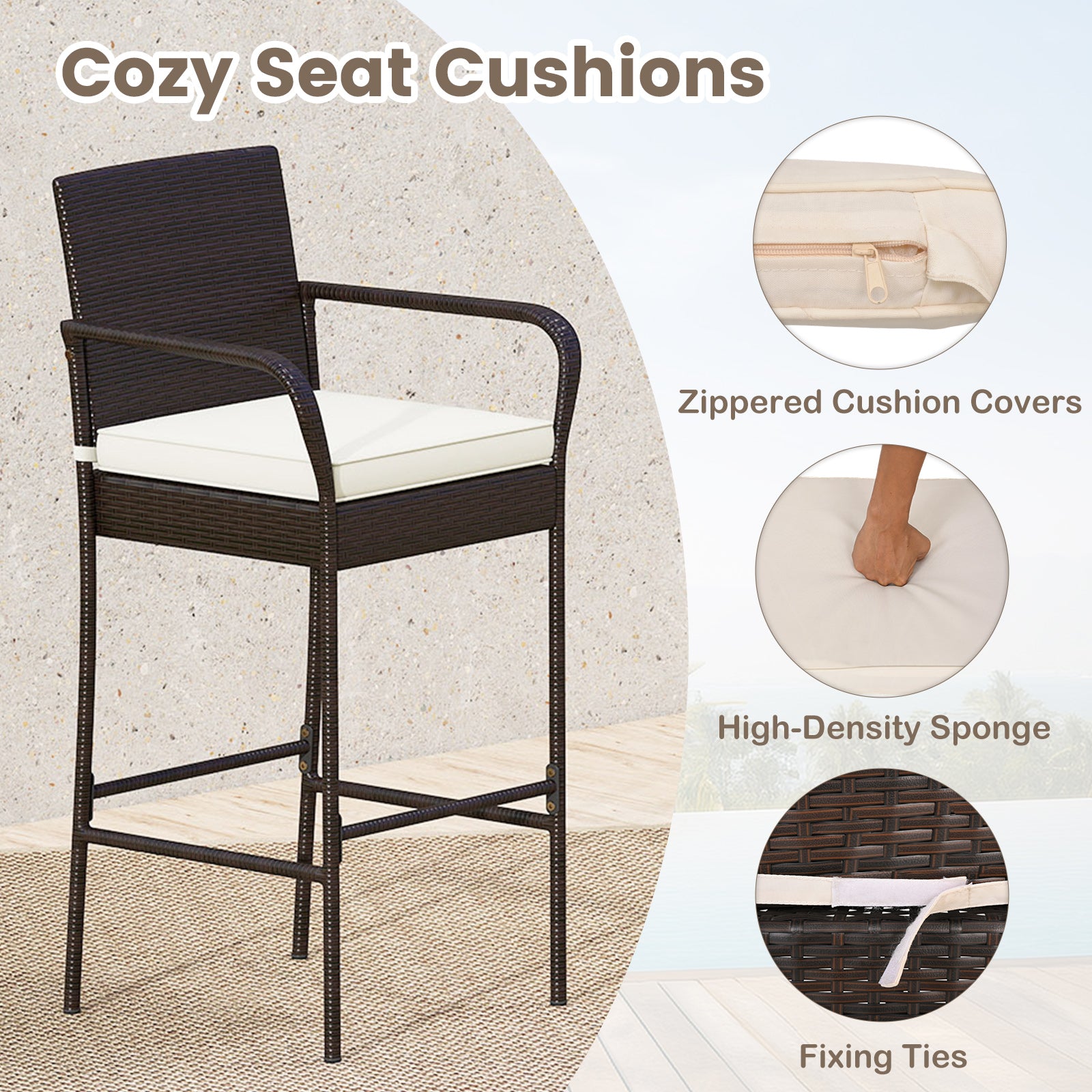 Patio Rattan Bar Height Table and Chairs with 2 Seat Cushions for Porch, White Patio Bar Furniture at Gallery Canada