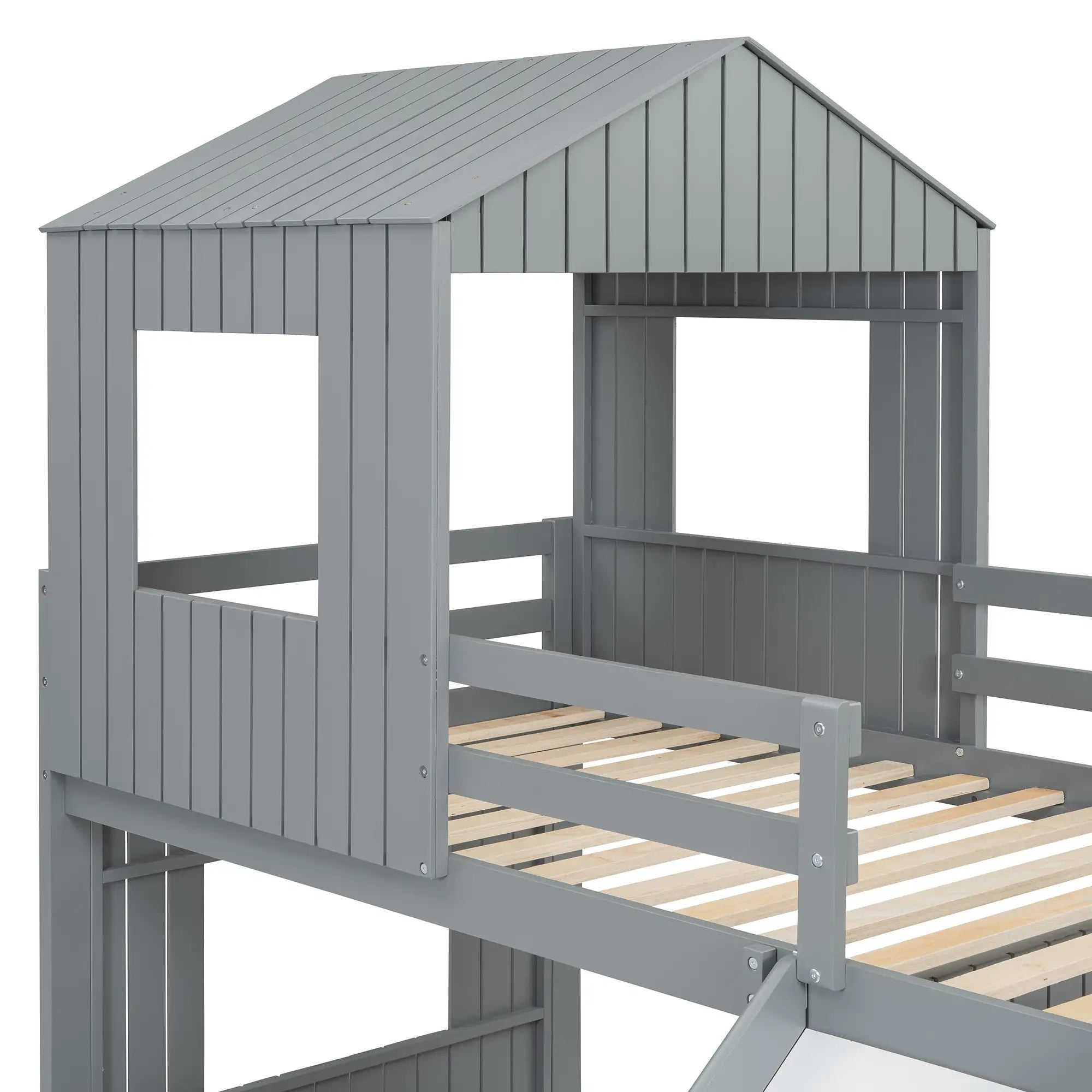 Twin Over Full Bunk Bed with Playhouse, Ladder, Slide, Guardrails, 82