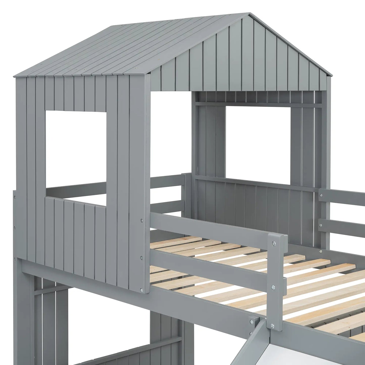 Twin Over Full Bunk Bed with Playhouse, Ladder, Slide, Guardrails, 82" L x 89" W x 82.5" H, Grey Bed Frames at Gallery Canada