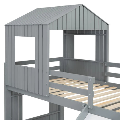 Twin Over Full Bunk Bed with Playhouse, Ladder, Slide, Guardrails, 82" L x 89" W x 82.5" H, Grey Bed Frames at Gallery Canada