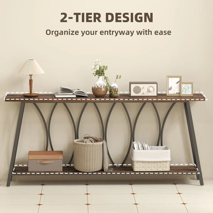 71" Console Table, Industrial 2-Tier Narrow Entryway Table, Rustic Brown, Brown Console Tables at Gallery Canada