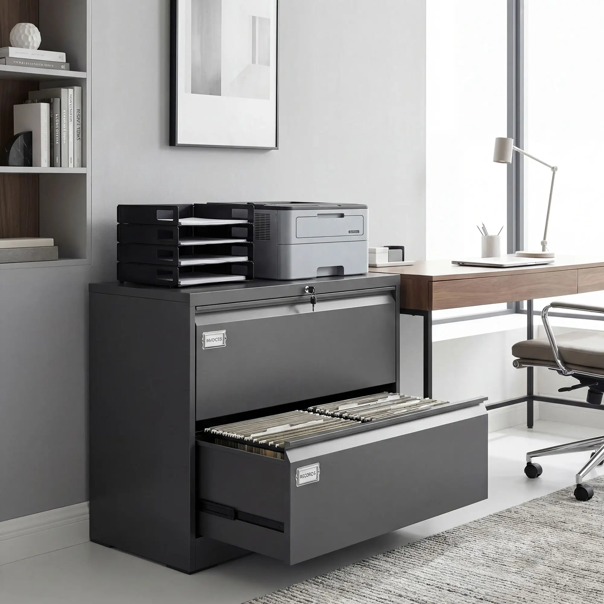 2 Drawer Lateral Filing Cabinet, Lockable Steel, A4 Letter Legal Size, Black Office Cabinets & Cupboards at Gallery Canada