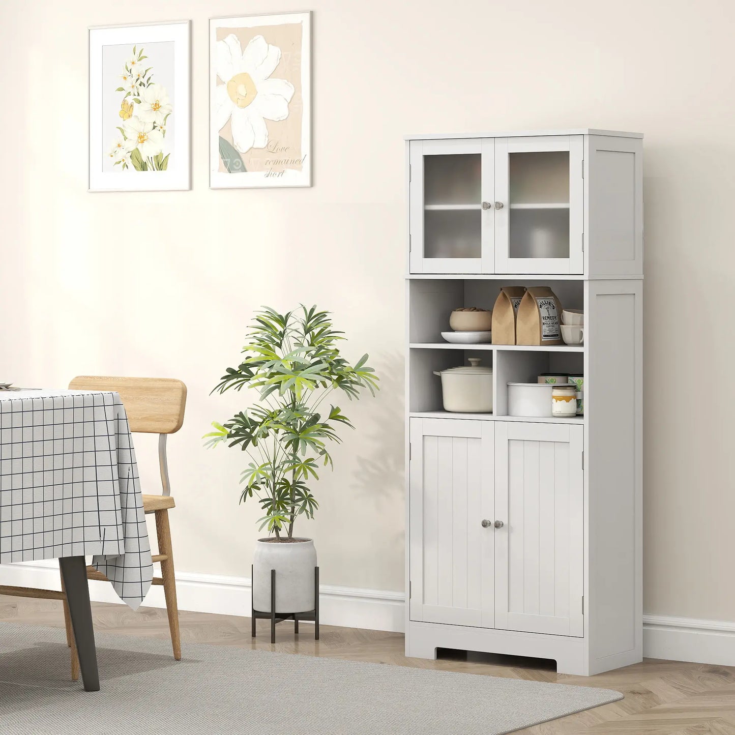 57" Kitchen Pantry, Freestanding Cabinet, Glass Doors, Adjustable Shelves, White Kitchen Pantry Cabinets at Gallery Canada