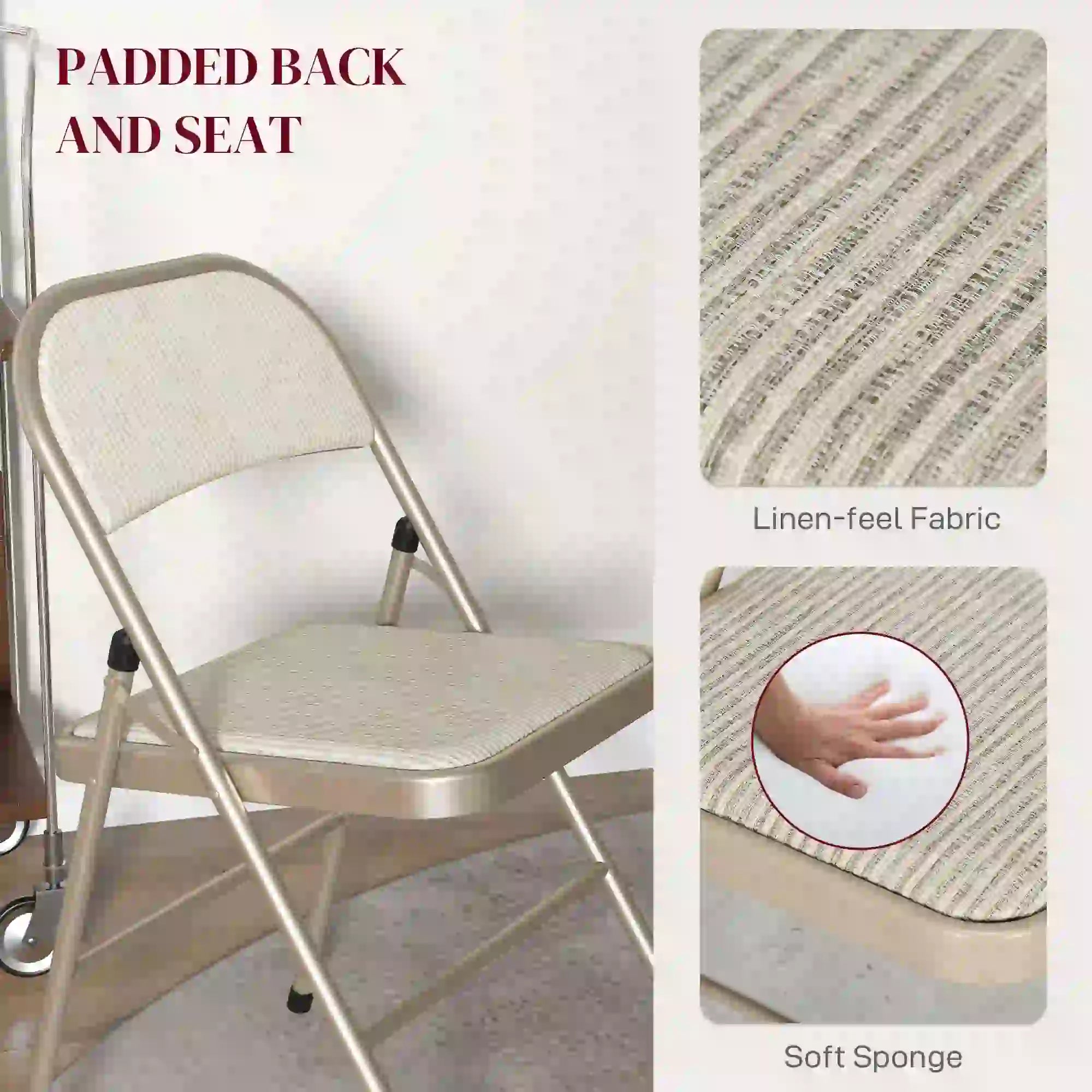 Set of 6 Metal Foldable Chairs, Linen Padded, Beige Dining Chairs at Gallery Canada