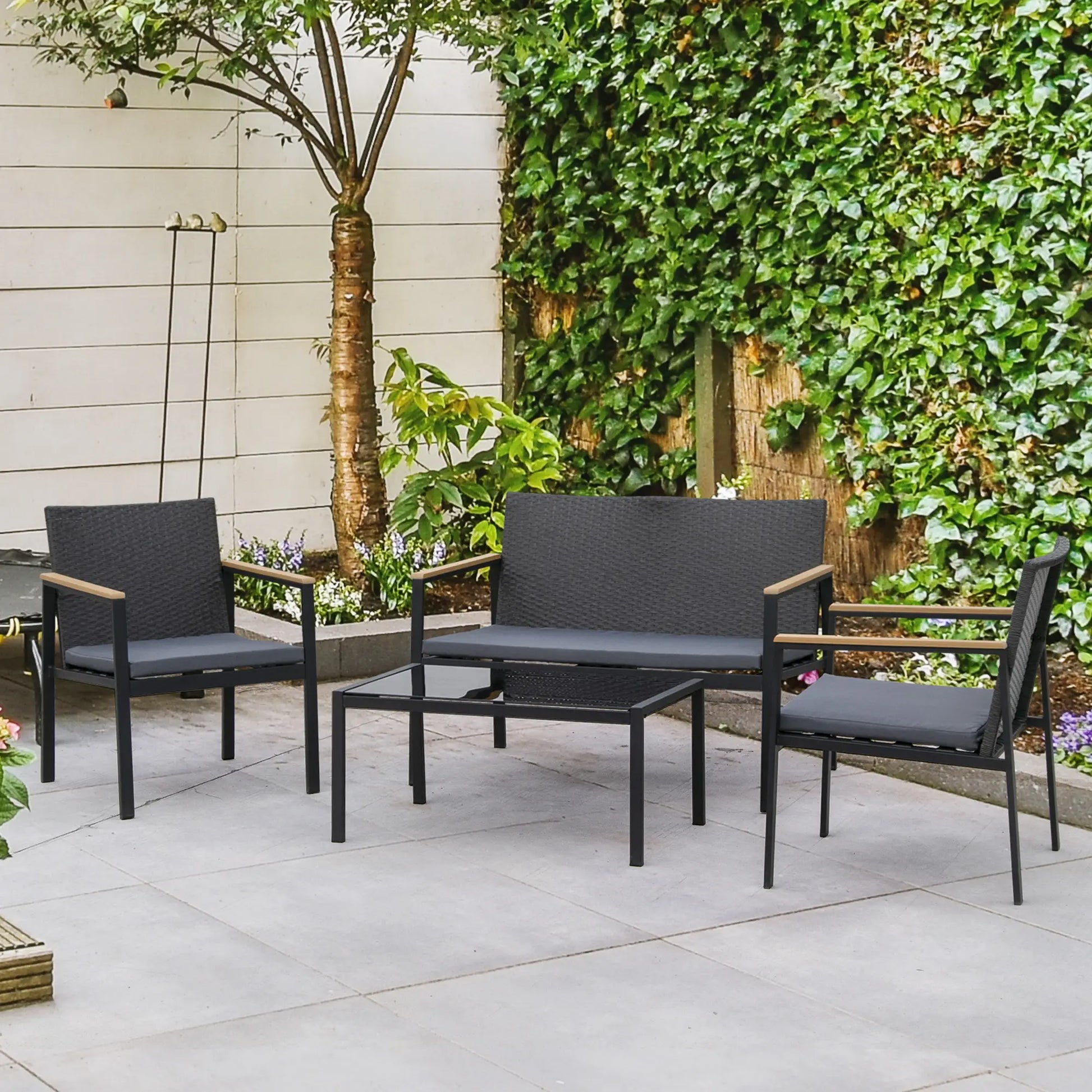 4-Piece Wicker Patio Set, Outdoor Rattan Chairs, Loveseat, Glass Table, Black Patio Furniture Sets at Gallery Canada