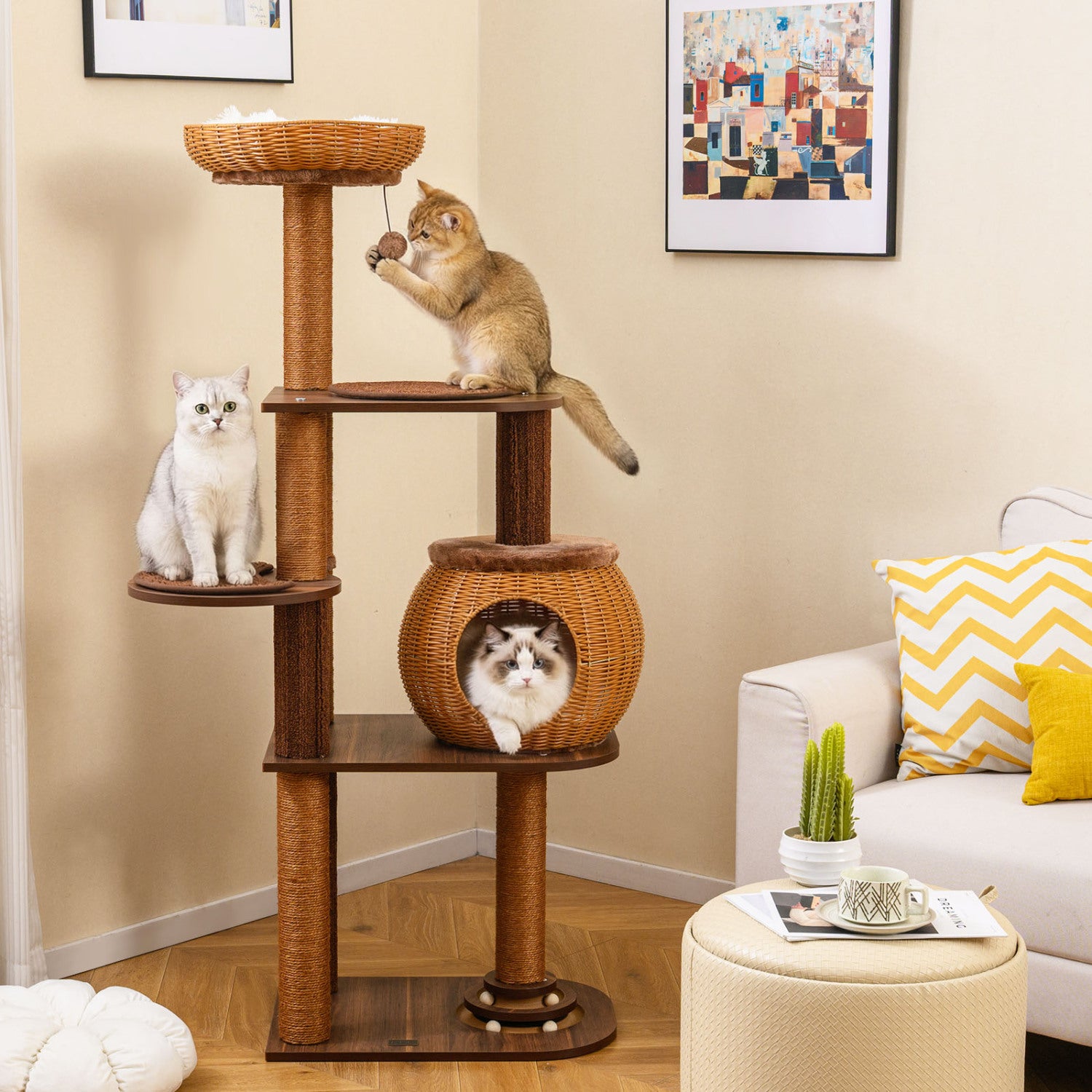 59.5 Inch Cat Tree, Multi-Level Cat Tower, PE Rattan Condo, Brown Cat Trees Condos & Scratchers at Gallery Canada