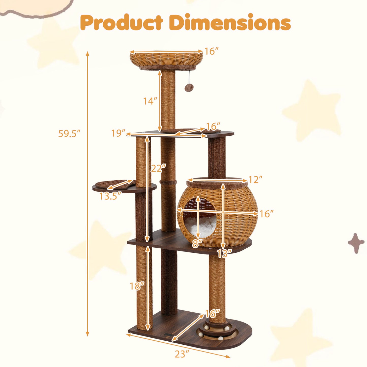 59.5 Inch Cat Tree, Multi-Level Cat Tower, PE Rattan Condo, Brown Cat Trees Condos & Scratchers at Gallery Canada