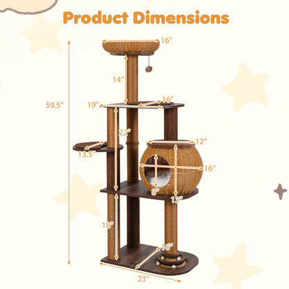 59.5 Inch Cat Tree, Multi-Level Cat Tower, PE Rattan Condo, Brown Cat Trees Condos & Scratchers at Gallery Canada