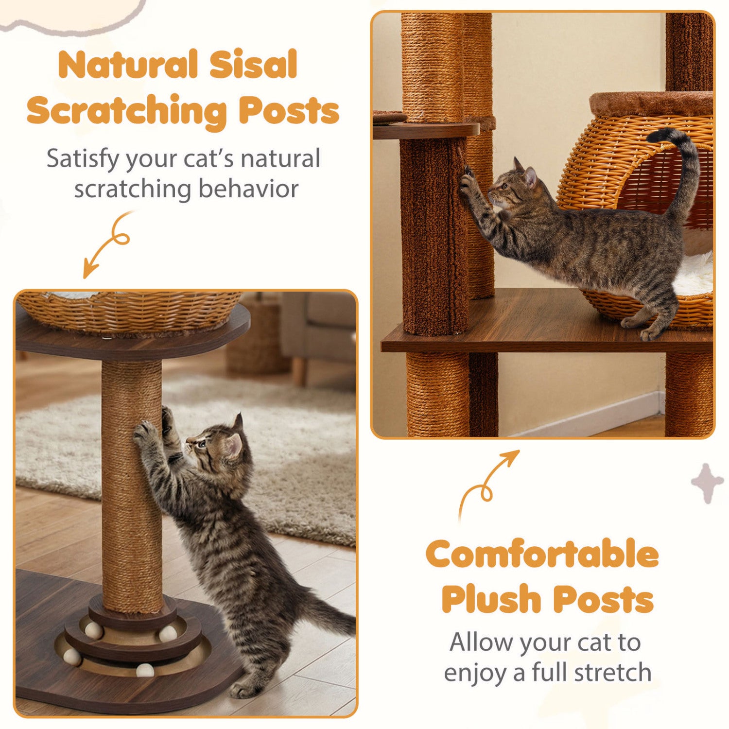 59.5 Inch Cat Tree, Multi-Level Cat Tower, PE Rattan Condo, Brown Cat Trees Condos & Scratchers at Gallery Canada