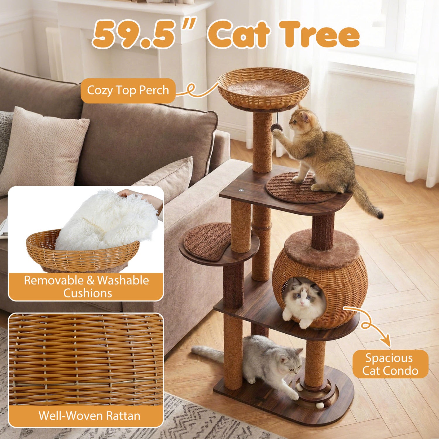 59.5 Inch Cat Tree, Multi-Level Cat Tower, PE Rattan Condo, Brown Cat Trees Condos & Scratchers at Gallery Canada