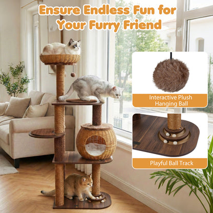 59.5 Inch Cat Tree, Multi-Level Cat Tower, PE Rattan Condo, Brown Cat Trees Condos & Scratchers at Gallery Canada