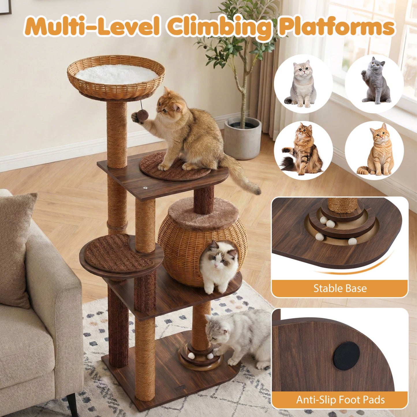 59.5 Inch Cat Tree, Multi-Level Cat Tower, PE Rattan Condo, Brown Cat Trees Condos & Scratchers at Gallery Canada