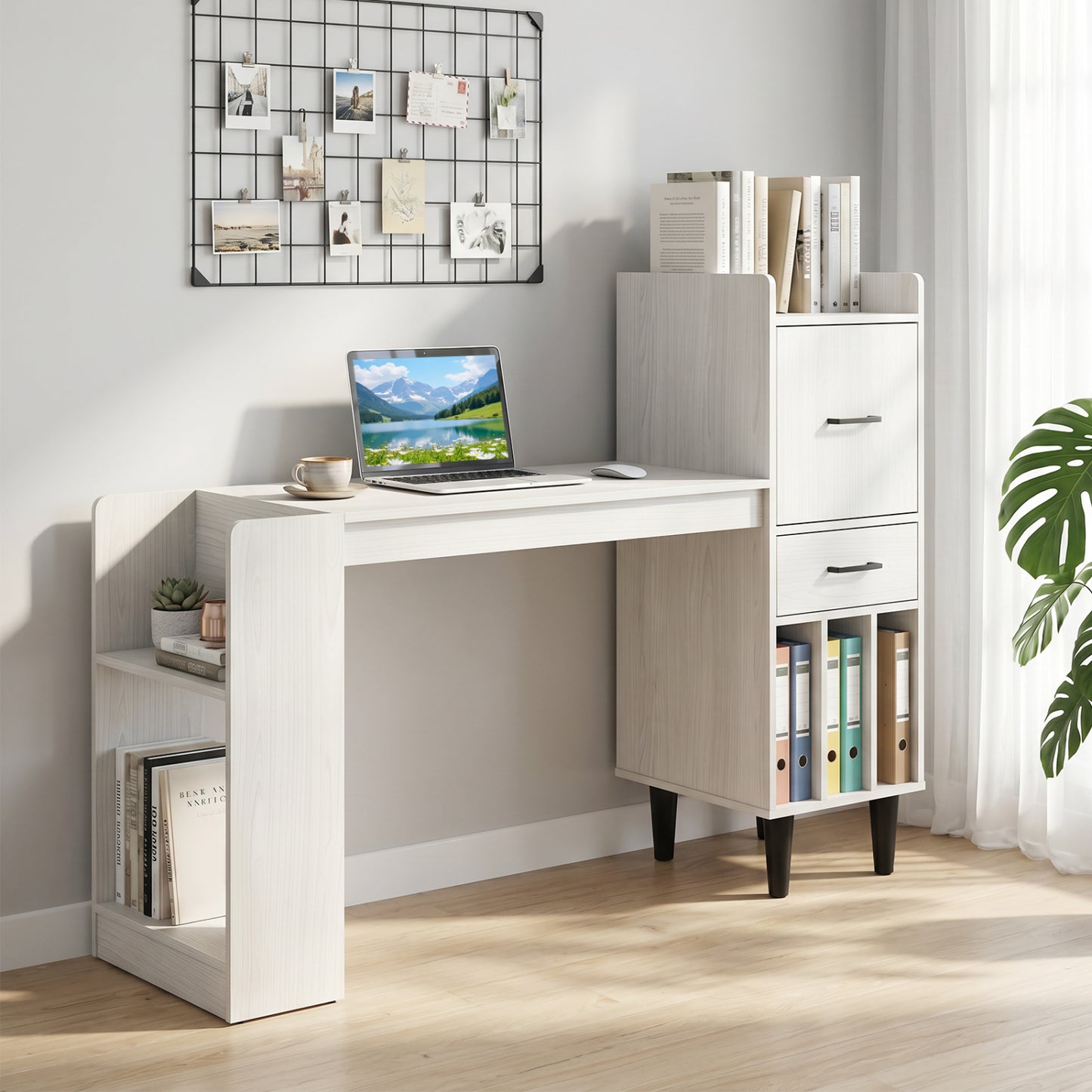 59" Desk with Side Storage Shelves and Drawer, White