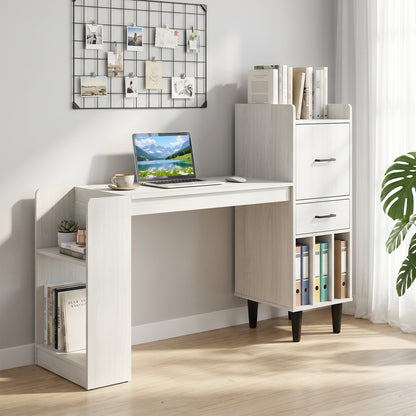 59" Desk with Side Storage Shelves and Drawer, White