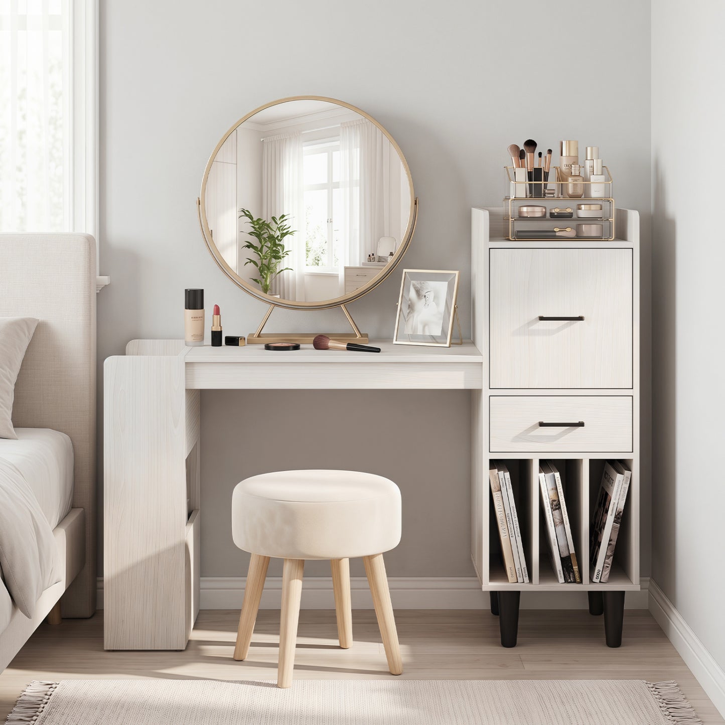 59" Desk with Side Storage Shelves and Drawer, White