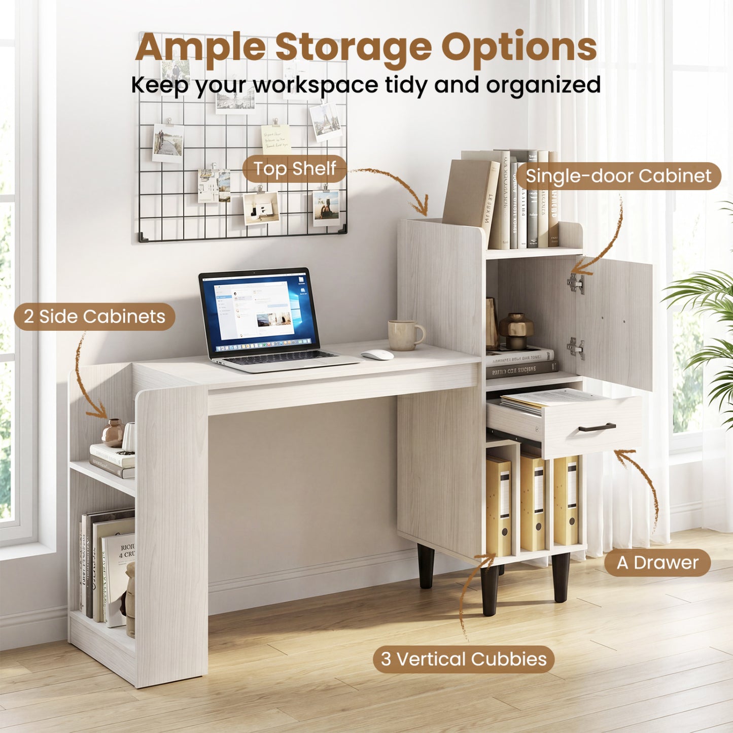 59" Desk with Side Storage Shelves and Drawer, White