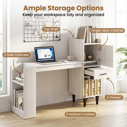 59" Desk with Side Storage Shelves and Drawer, White